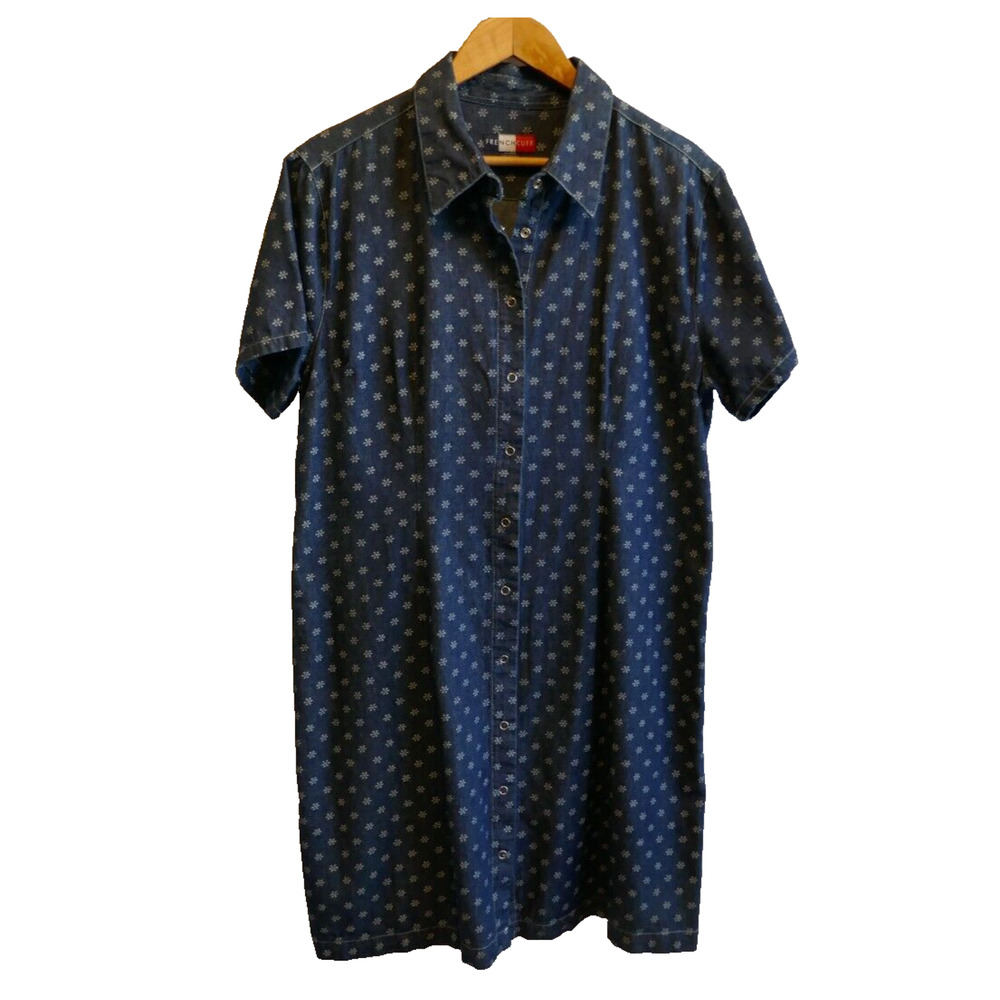 French Kuff Denim Collared Dress White Floral Pattern Detail Snap Closure XL